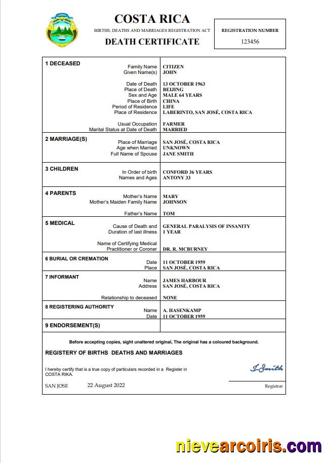 Costa Rica vital record death certificate